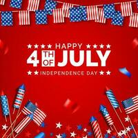 4º do Julho americano independência dia bandeira e social meios de comunicação postar modelo Projeto com papel bandeira, foguete e confete em vermelho fundo topo Visão vetor
