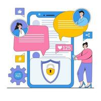 seguro social meios de comunicação uso vetor ilustração conceito com personagens. privacidade configurações, seguro compartilhamento, social meios de comunicação segurança. moderno plano estilo para aterrissagem página, rede bandeira, infográficos, herói imagens