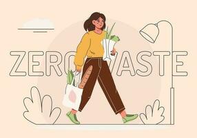 uma mulher detém uma papel saco com mercearias dentro dela mãos. a conceito do uma saudável orgânico dieta e estilo de vida, reciclando papel bolsas, levando Cuidado do a ambiente. vetor ilustração