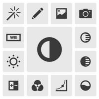 contraste ícone vetor Projeto. simples conjunto do foto editor aplicativo ícones silhueta, sólido Preto ícone. telefone inscrição ícones conceito. brilho, contraste, ajustar, filtro, destaque, sombra ícone conjunto