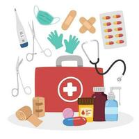 primeiro ajuda kit clipart desenho animado estilo. médico saco com muitos primeiro ajuda elementos plano vetor ilustração mão retirou. estetoscópio, termômetro, medicação, degola gesso, pílulas, tábua, cápsula desenho animado