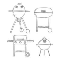 diferente tipos do fumantes churrasco esboço definir. vetor mão desenhado carvão chaleiras e churrasco grelha conjunto