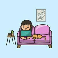 fofa menina trabalhando em computador portátil com gato desenho animado vetor ícone ilustração. pessoas tecnologia ícone conceito isolado Prêmio vetor. plano desenho animado estilo