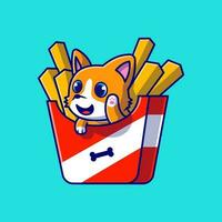 cão corgi bonito com ilustração de ícone de vetor de desenhos animados de batatas fritas. conceito de ícone de comida animal isolado vetor premium. estilo de desenho animado plano