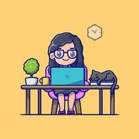 fofa menina trabalhando em computador portátil com gato desenho animado vetor ícone ilustração. pessoas tecnologia ícone conceito isolado Prêmio vetor. plano desenho animado estilo