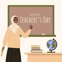 uma professor dentro uma hijab perto a blackboard.african americano professor.variedade dentro Educação. estoque vetor ilustração.