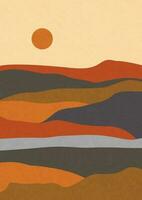 moderno abstrato minimalista panorama cartazes. deserto, Sol e lua. montanhas. pastel cores, terra tons. boho meio século imprime. plano Projeto. estoque vetor ilustração