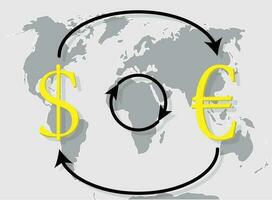 moeda troca euro dólar em mundo mapa fundo vetor