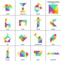 tangram enigma jogos para crianças. vetor colorida coleção com vários isolado objetos. isolado tangram objetos ícones em branco pano de fundo. vetor ilustração