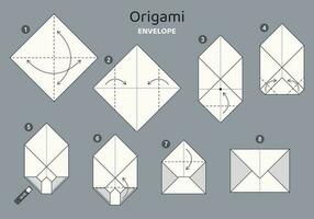 envelope origami esquema tutorial comovente modelo em cinzento pano de fundo. origami para crianças. degrau de degrau quão para faço uma fofa origami envelope. vetor ilustração.