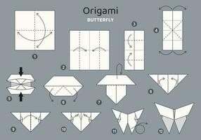 borboleta origami esquema tutorial comovente modelo em cinzento pano de fundo. origami para crianças. degrau de degrau quão para faço uma fofa origami inseto. vetor ilustração.