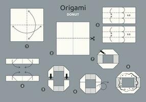 rosquinha origami esquema tutorial comovente modelo em cinzento pano de fundo. origami para crianças. degrau de degrau quão para faço uma fofa origami rosquinha. vetor ilustração.