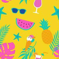 verão desatado padronizar com de praia acessório e fruta. melancia, oculos de sol, gelo creme, abacaxi, coquetel, tropical folhas. vetor ilustração. moda imprimir, tecido projeto, invólucro papel.