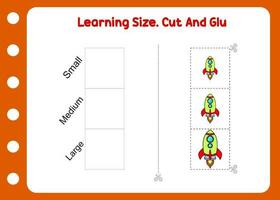 Aprendendo Tamanho cortar e cola a foguete. crianças planilha vetor