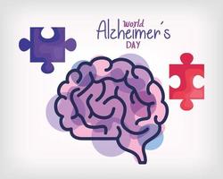 dia mundial de Alzheimer com cérebro e peça de quebra-cabeça vetor