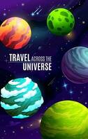 desenho animado espaço poster com galáxia planetas e estrelas vetor