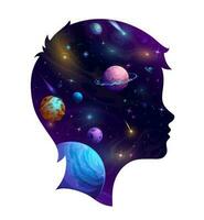Garoto cabeça silhueta e desenho animado galáxia espaço vetor