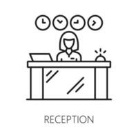 recepção escrivaninha ícone, cliente hotel serviço, linha vetor