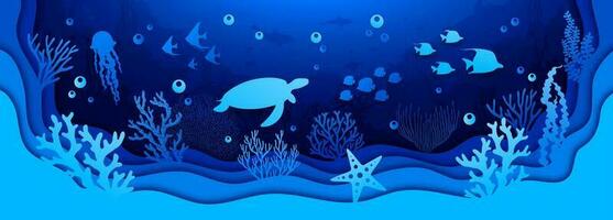 embaixo da agua papel corte, mar panorama com tartaruga vetor