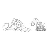 mão desenhado vetor ilustração crianças desenhando do construção veículos, despejo caminhão descarregando cascalhos e escavadora dragagem eles. construção local local de trabalho dentro uma desenho animado estilo