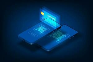 vetor qr código com Smartphone tecnologia conceito. conectados Forma de pagamento e e carteira conceito.