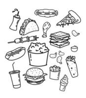 rua Comida ilustração. rabisco ilustração do velozes Comida. hambúrguer, pizza, francês fritas, gelo creme vetor