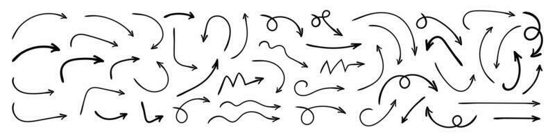 mão desenhado curvado Setas; flechas . esboço rabisco estilo. coleção do ponteiros. vetor