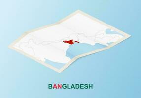 guardada papel mapa do Bangladesh com vizinho países dentro isométrico estilo. vetor