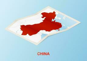 guardada papel mapa do China com vizinho países dentro isométrico estilo. vetor