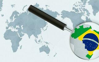Ásia centrado mundo mapa com ampliado vidro em brasil. foco em mapa do Brasil em centrado no pacífico mundo mapa. vetor