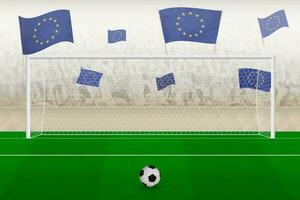 europeu União futebol equipe fãs com bandeiras do europeu União torcendo em estádio, multa pontapé conceito dentro uma futebol corresponder. vetor