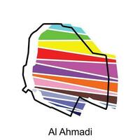 mapa al ahmadi Projeto modelo, vetor mapa do Kuwait país com nomeado governança e viagem ícones