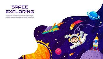 espaço aterrissagem página. desenho animado planetas e astronauta vetor