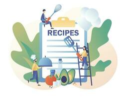 receitas on-line. ingredientes Lista conceito. profissional chefe de cozinha segurando prato. minúsculo pessoas ler receita livro e cozinhar dentro chefe de cozinha boné. moderno plano desenho animado estilo. vetor ilustração em branco fundo