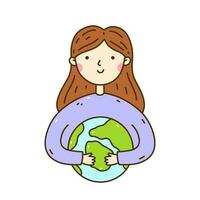 a menina detém a planeta terra dentro dela mãos. vetor desenhado à mão ilustração dentro rabisco estilo. perfeito para decorações, logotipo, vários projetos. zero desperdício, ecologia conceito. Salve  a planeta.