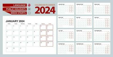 parede calendário planejador 2024 dentro inglês, semana começa dentro segunda-feira. vetor planejador.