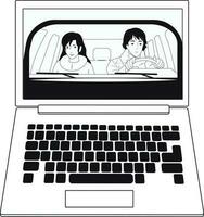 uma menina e uma cara estão dirigindo dentro uma carro. Preto e branco. computador portátil tela vetor