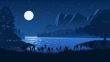 lindo verão noite panorama com lago, colinas, lua e estrelas vetor
