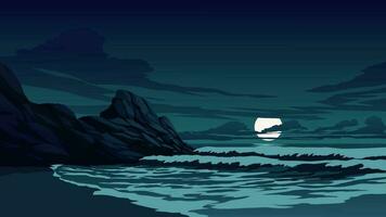 noite panorama com nascer da lua sobre oceano e pedras vetor