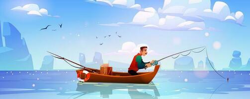 desenho animado homem dentro barco pescaria vetor