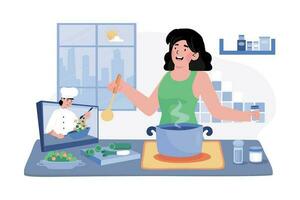 uma mulher atende uma manhã cozinhando classe para aprender Novo receitas e técnicas. vetor