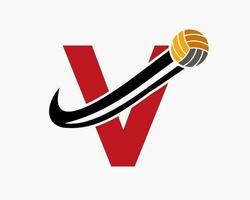 carta v voleibol logotipo conceito com comovente voleio bola ícone. voleibol Esportes logótipo modelo vetor