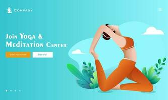 Junte-se ioga e meditação Centro aterrissagem página com ilustração do jovem mulher fazendo ioga asana e folhas em turquesa fundo. vetor