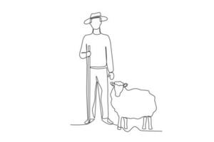 uma agricultor em pé Próximo para dele ovelha vetor
