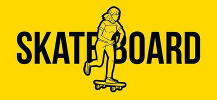 skate fêmea jogador açao com texto projetado desenho animado extremo esporte gráfico vetor