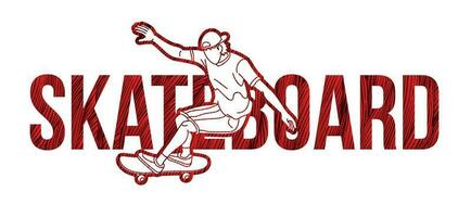 silhueta skate texto projetado com masculino jogador vetor