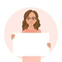 lindo feliz mulher dentro óculos segurando uma em branco sinal, Painel publicitário. plano estilo ilustração, vetor