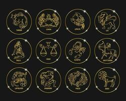 signos do zodíaco em círculos brilhantes dourados, definidos. design dourado em um fundo preto. ícones, vetor