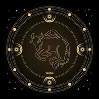 signo de touro, signo de horóscopo astrológico em um círculo místico com lua, sol e estrelas. desenho dourado, vetor