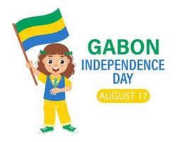 Gabão independência dia. fofa pequeno menina com Gabão bandeira. desenho animado ilustração, bandeira, poster, vetor